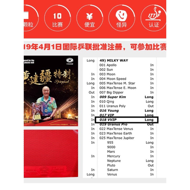 YINHE Huang Jianjiang VVIP Spe - Table Tennis Rubber For Defensive Players 评论和价格